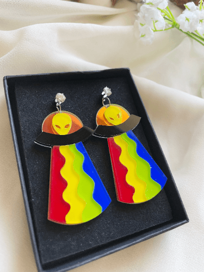 UFO alien earrings | hologram neon rainbow | quirky fun cute kawaii earrings | acrylic art earrings | scientific research mystery news - TuttyKnitty