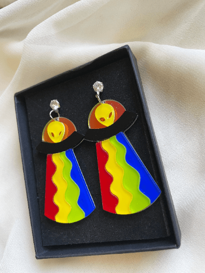 UFO alien earrings | hologram neon rainbow | quirky fun cute kawaii earrings | acrylic art earrings | scientific research mystery news - TuttyKnitty