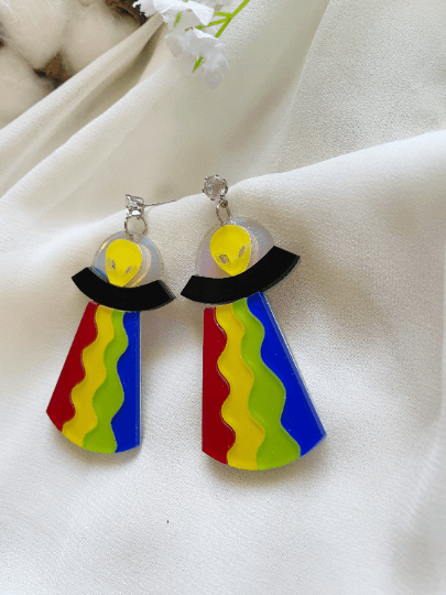 UFO alien earrings | hologram neon rainbow | quirky fun cute kawaii earrings | acrylic art earrings | scientific research mystery news - TuttyKnitty