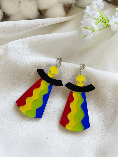 UFO alien earrings | hologram neon rainbow | quirky fun cute kawaii earrings | acrylic art earrings | scientific research mystery news - TuttyKnitty