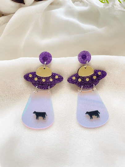 UFO cow earrings | hologram iridriscent earrings | quirky fun cute kawaii earrings | acrylic art earrings | scientific research mystery news - TuttyKnitty