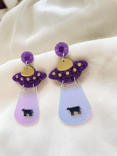 UFO cow earrings | hologram iridriscent earrings | quirky fun cute kawaii earrings | acrylic art earrings | scientific research mystery news - TuttyKnitty