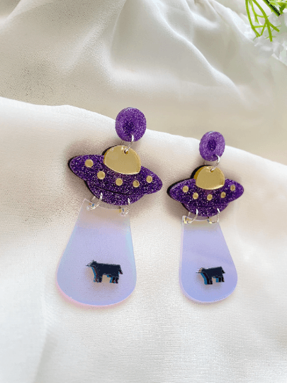 UFO cow earrings | hologram iridriscent earrings | quirky fun cute kawaii earrings | acrylic art earrings | scientific research mystery news - TuttyKnitty