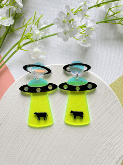 UFO cow earrings | hologram neon earrings | quirky fun cute kawaii earrings | acrylic art earrings | scientific research mystery news - TuttyKnitty