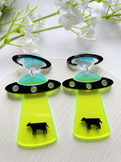 UFO cow earrings | hologram neon earrings | quirky fun cute kawaii earrings | acrylic art earrings | scientific research mystery news - TuttyKnitty