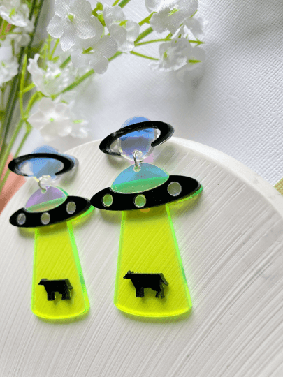 UFO cow earrings | hologram neon earrings | quirky fun cute kawaii earrings | acrylic art earrings | scientific research mystery news - TuttyKnitty