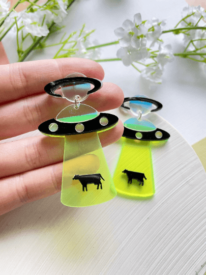 UFO cow earrings | hologram neon earrings | quirky fun cute kawaii earrings | acrylic art earrings | scientific research mystery news - TuttyKnitty