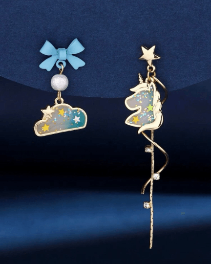 Unicorn earrings |Kawaii cute chain earrings | korean art colourful dangle earrings | mismatch cloud celestial fantasy - TuttyKnitty