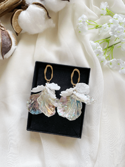 Iridescent white shell petals oversize flower earrings