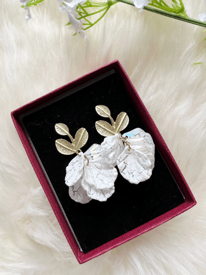 White pearlescent flowers dangly earrings | frosted petals statement earrings | golden floral earrings | bridal wedding party earrings - TuttyKnitty