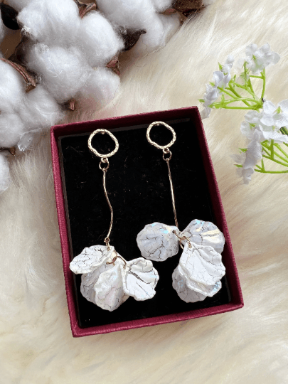 White pearlescent flowers earrings | frosted petals earrings | unique golden floral earrings | bridal party wedding earrings - TuttyKnitty