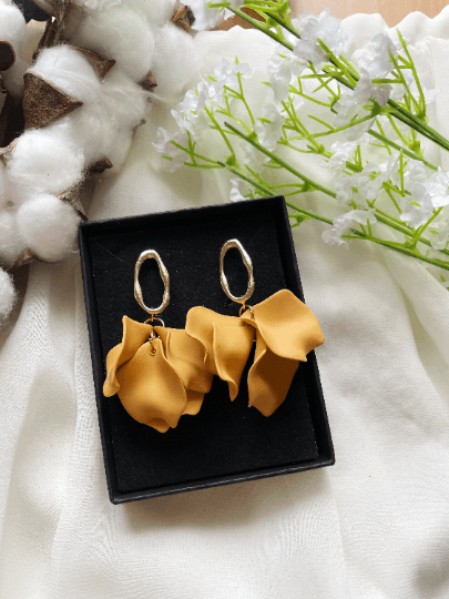 Yellow Mustard flower earrings | dangle petals baroque earrings | unique gold geometric floral earrings | bridal party wedding earrings - TuttyKnitty