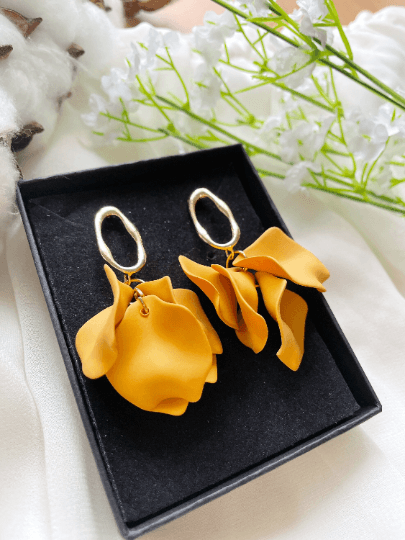 Yellow Mustard flower earrings | dangle petals baroque earrings | unique gold geometric floral earrings | bridal party wedding earrings - TuttyKnitty