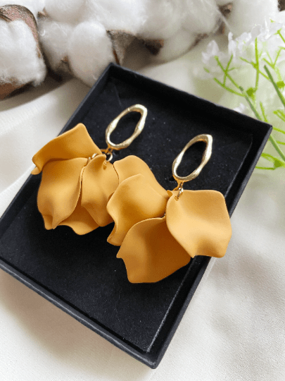 Yellow Mustard flower earrings | dangle petals baroque earrings | unique gold geometric floral earrings | bridal party wedding earrings - TuttyKnitty